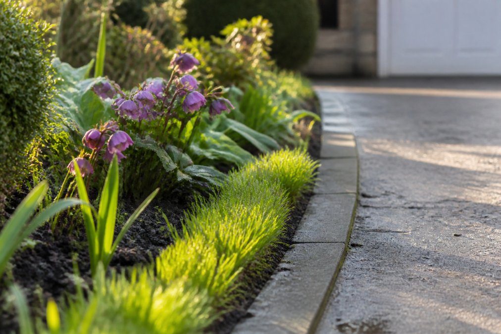 Close-up of delicate garden border with flowering plants and new grass growth alongside a driveway edge, showing the proximity of vegetation to the cleaning area with morning light