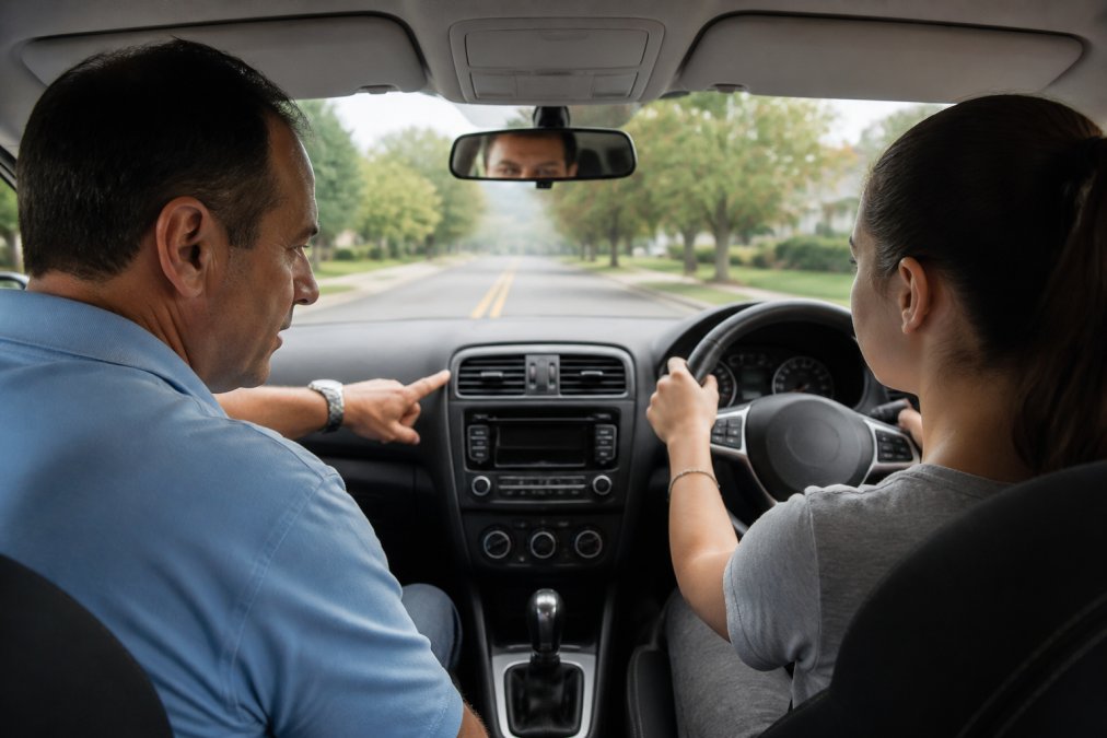 A calm driving instructor sitting in the passenger seat of a dual-control car, pointing at the dashboard while a focused teenage student grips the steering wheel on a suburban Westchester road
