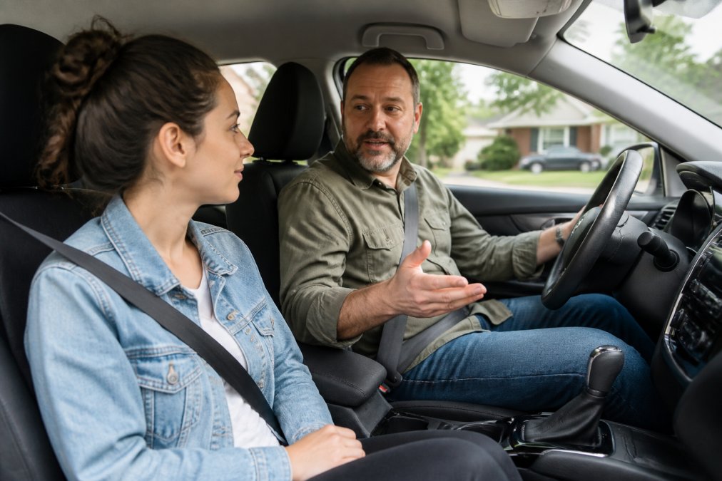 A calm adult student sitting in the passenger seat of a dual-controlled instructional vehicle, listening attentively to a patient driving instructor, both looking relaxed and engaged in a bright suburban setting