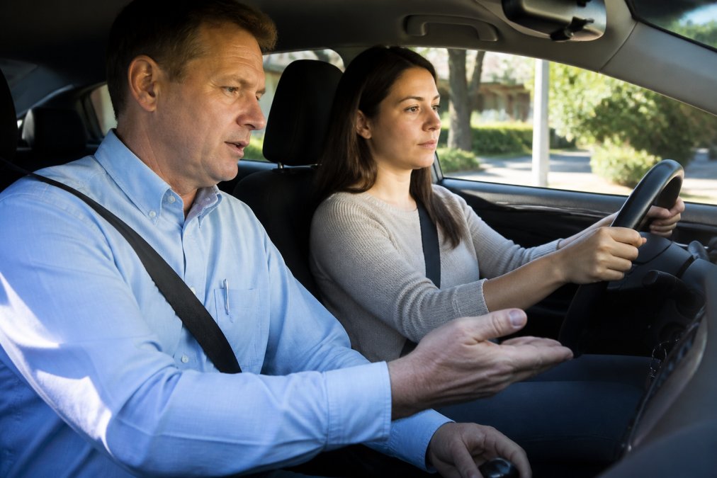Calm, patient driving instructor sitting beside an adult student driver in a car, both looking focused and relaxed during a lesson, natural daylight streaming through the windows
