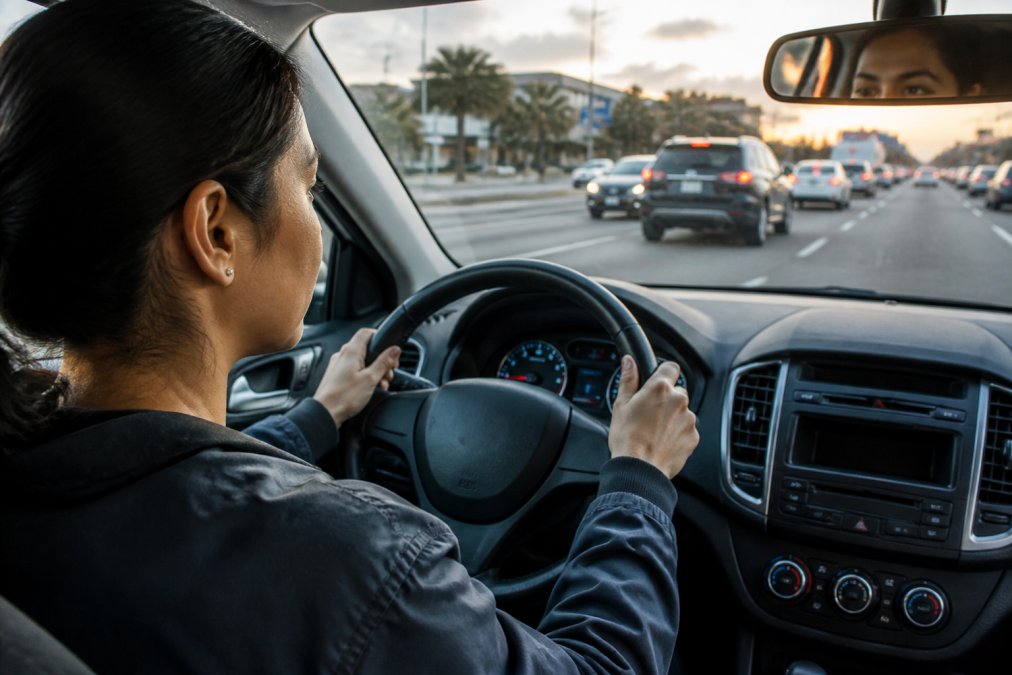 Adult driver gripping the steering wheel with focused confidence while navigating a busy road with multiple lanes and traffic, demonstrating practical driving skills in real-world conditions