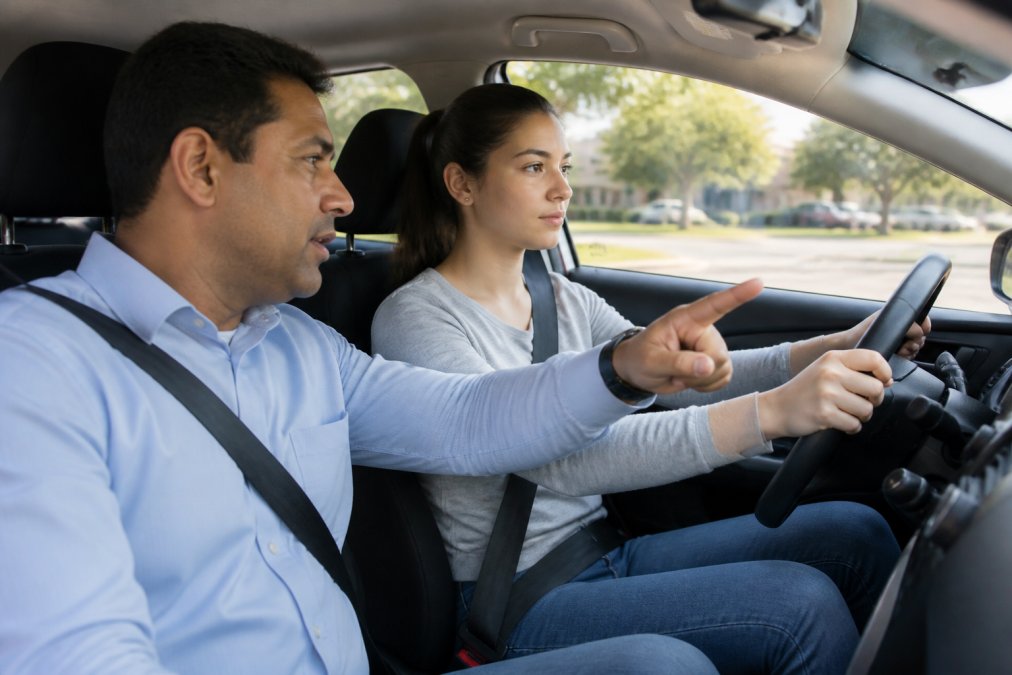 Calm, patient driving instructor seated next to an international student in a dual-brake training vehicle, both focused on the road ahead with natural daylight illuminating the interior, demonstrating a supportive teaching moment