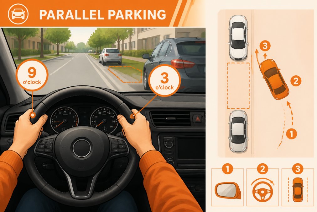 Close-up of a driver's hands on the steering wheel during a parallel parking maneuver in daylight, showing proper hand position and focused concentration on the task