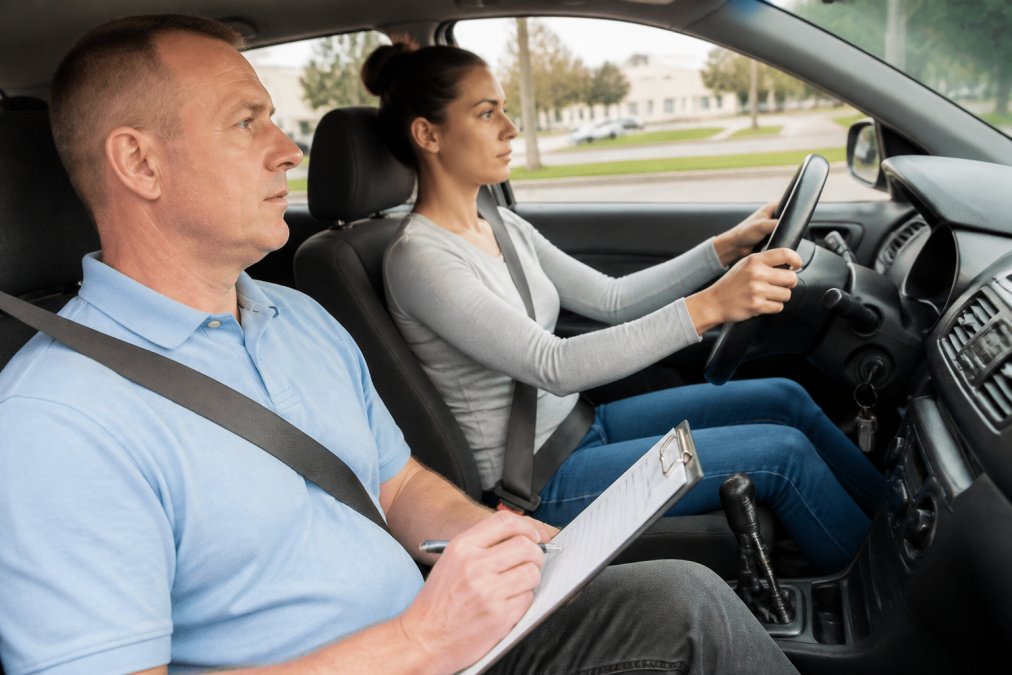 Professional driving instructor seated calmly next to a nervous adult student in an instructional vehicle with dual-brake controls visible, both focused on the road with a reassuring, patient atmosphere in natural daylight