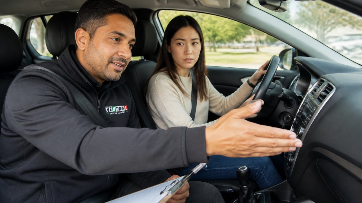 Professional driving instructor sitting in passenger seat of car, calmly gesturing and explaining dashboard controls to a young nervous driver at the wheel in daylight, relaxed body language