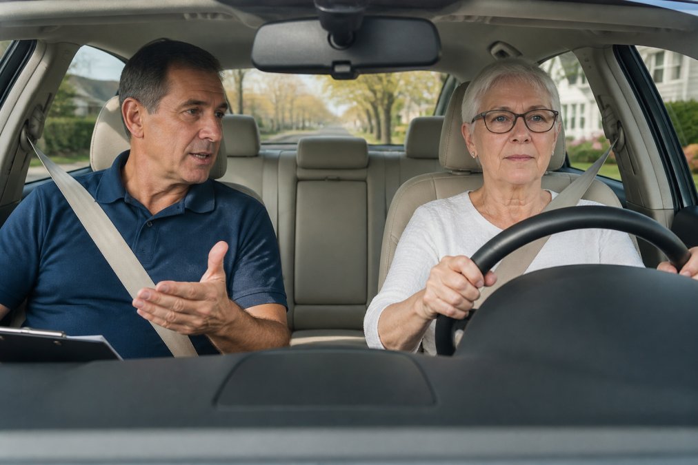 A calm, mature driving instructor sitting in the passenger seat of a car, speaking reassuringly to a senior driver who has both hands on the steering wheel, with a residential Westchester street visible through the windshield