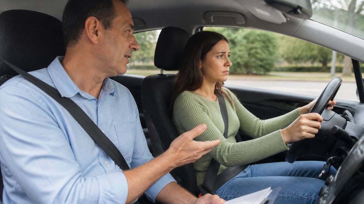 Patient instructor providing reassuring guidance to a nervous student driver during driving school alternatives westchester