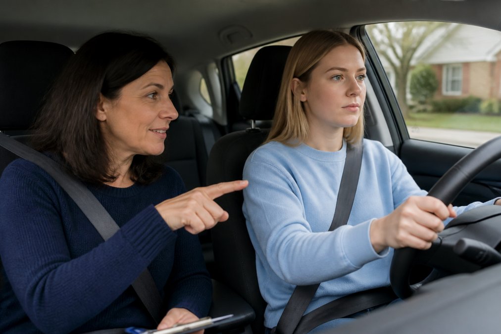 A calm, smiling driving instructor in her 40s sitting in the passenger seat, giving clear directions to a focused adult female student in the driver's seat on a quiet residential street