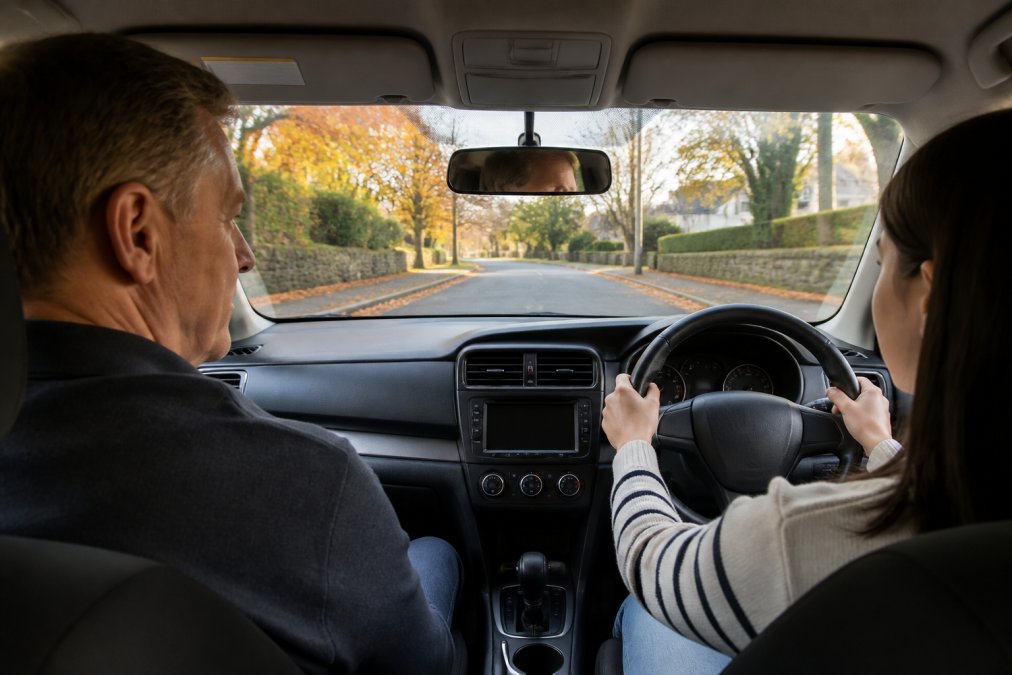Professional driving instructor sitting calmly in passenger seat beside focused student driver during behind-the-wheel lesson on suburban Westchester road, both attentive to traffic ahead
