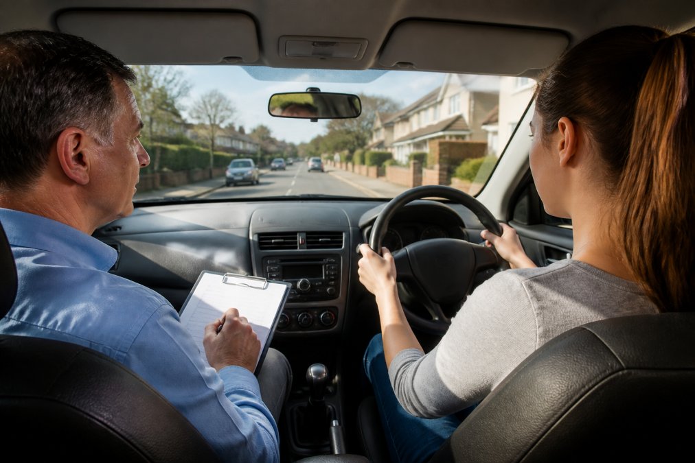 Student driver gripping steering wheel with focused expression during road test, examiner in passenger seat with clipboard and pen, suburban street visible through windshield