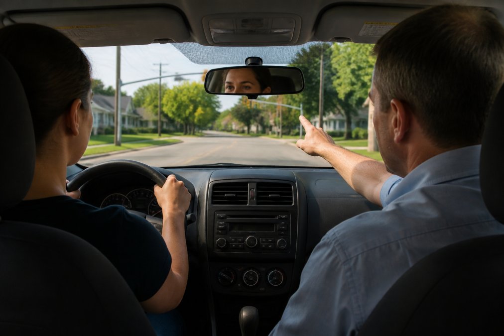 An experienced driving instructor and student sitting in a dual-controlled training vehicle, the instructor pointing out an upcoming traffic signal and road feature while the student focuses intently on the road ahead, in a suburban neighborhood with clear visibility