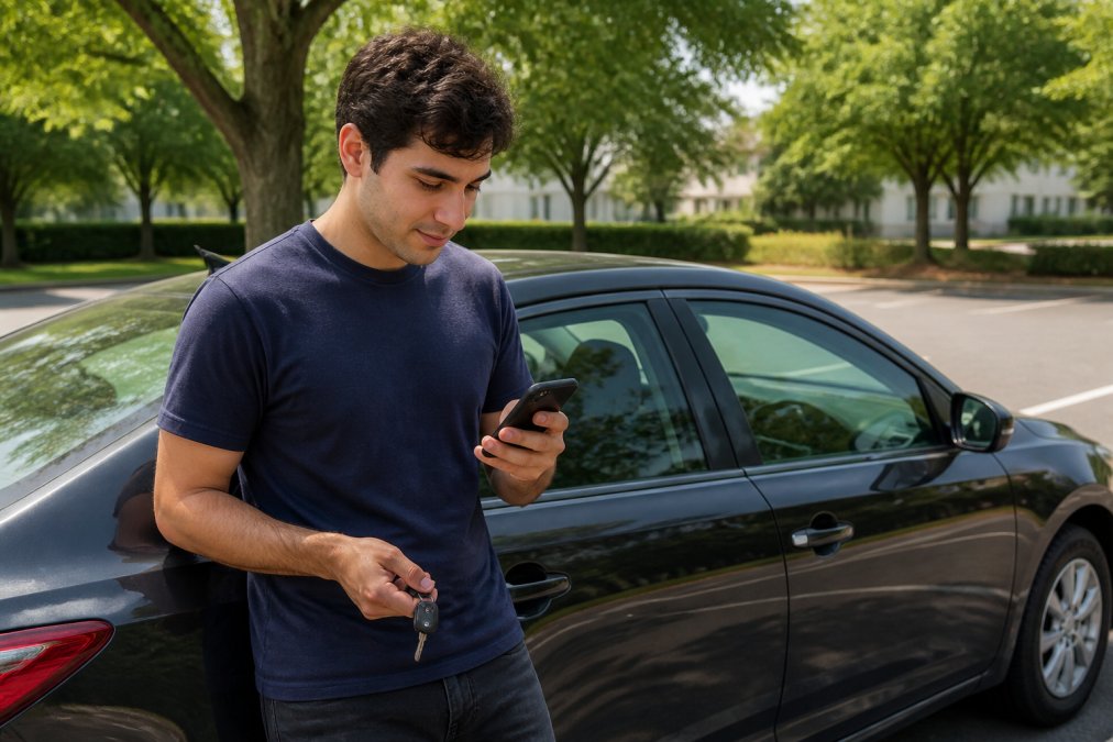 A young professional in casual attire checks a smartphone calendar while holding car keys, standing beside a parked sedan in a quiet suburban parking lot on a sunny weekend morning