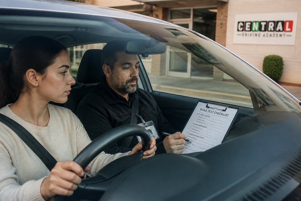 Driving instructor guiding a focused learner in a dual-control car at a driving school test center