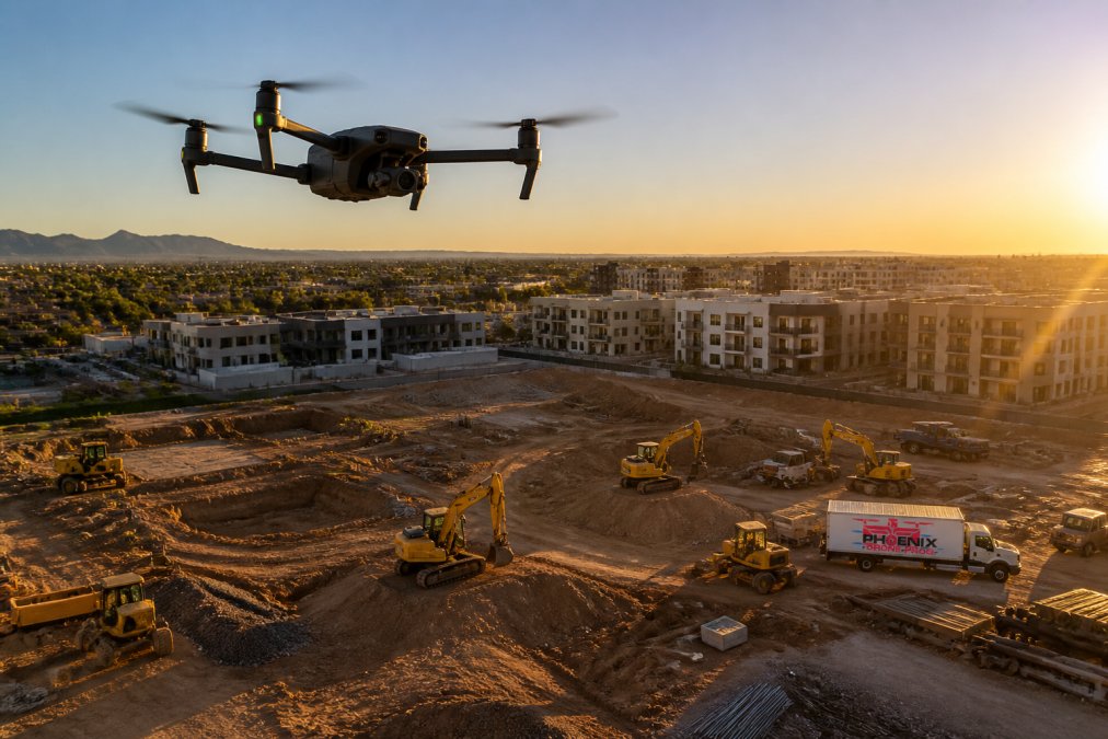 Drone in flight capturing multiple overlapping images over a construction site with excavation areas, multiple buildings, and equipment visible below, shot during golden hour with long shadows across the terrain