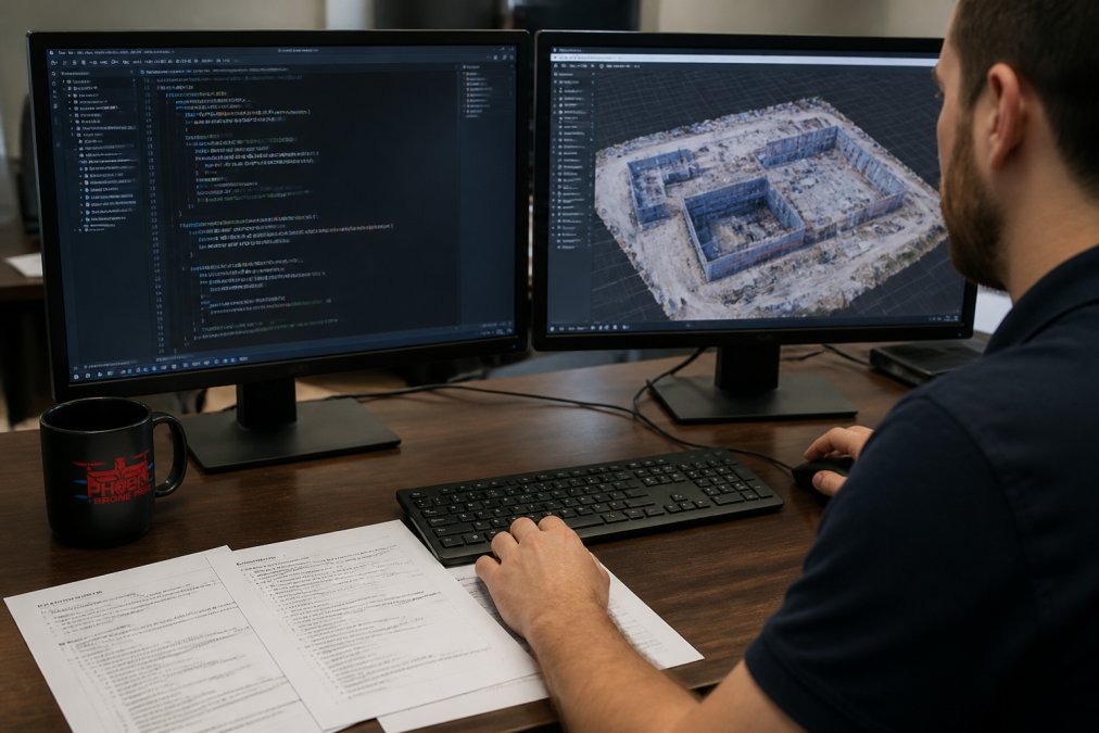 Developer at desk with dual monitors displaying Python code in a text editor on one screen and a 3D mesh visualization of a construction site on the other, with API documentation printed and visible on the desk surface