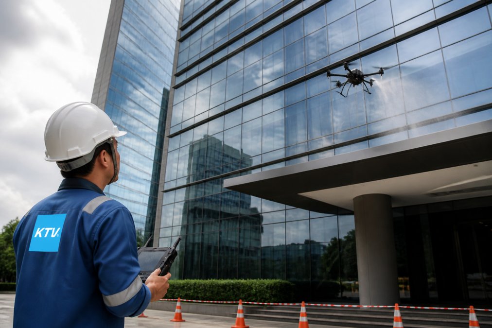 Professional drone operator launching autonomous drone for exterior building facade cleaning near modern commercial office tower with safety protocols visible