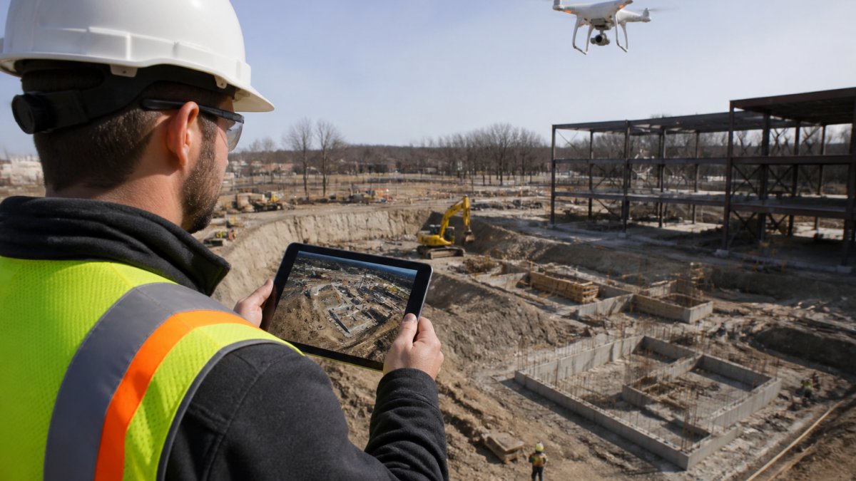 A drone hovering above an active construction site with excavated foundations and steel framing, while a site manager in a hard hat reviews a tablet displaying an aerial site map in the foreground