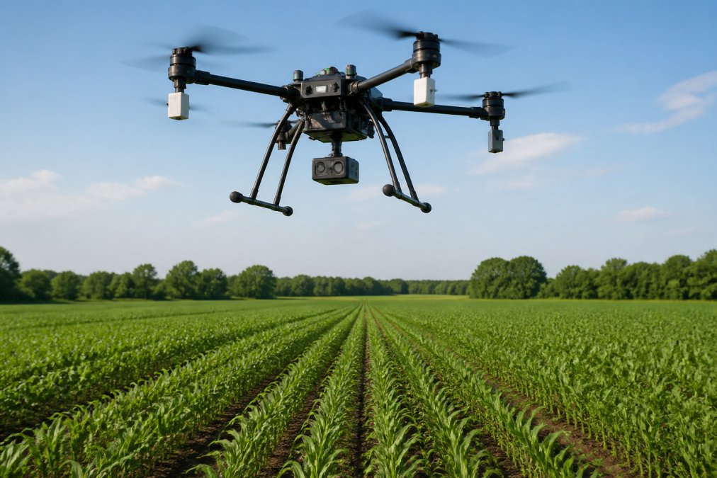 Drone equipped with multispectral camera mounted on undercarriage hovering above a green agricultural field with rows of crops visible below, capturing detailed plant health data