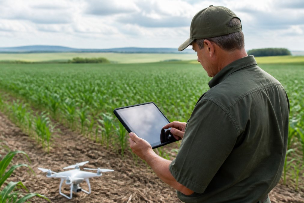 Farm manager or agronomist reviewing drone-captured field data on a laptop or tablet while standing in or near a crop field, analyzing multispectral imagery and NDVI maps