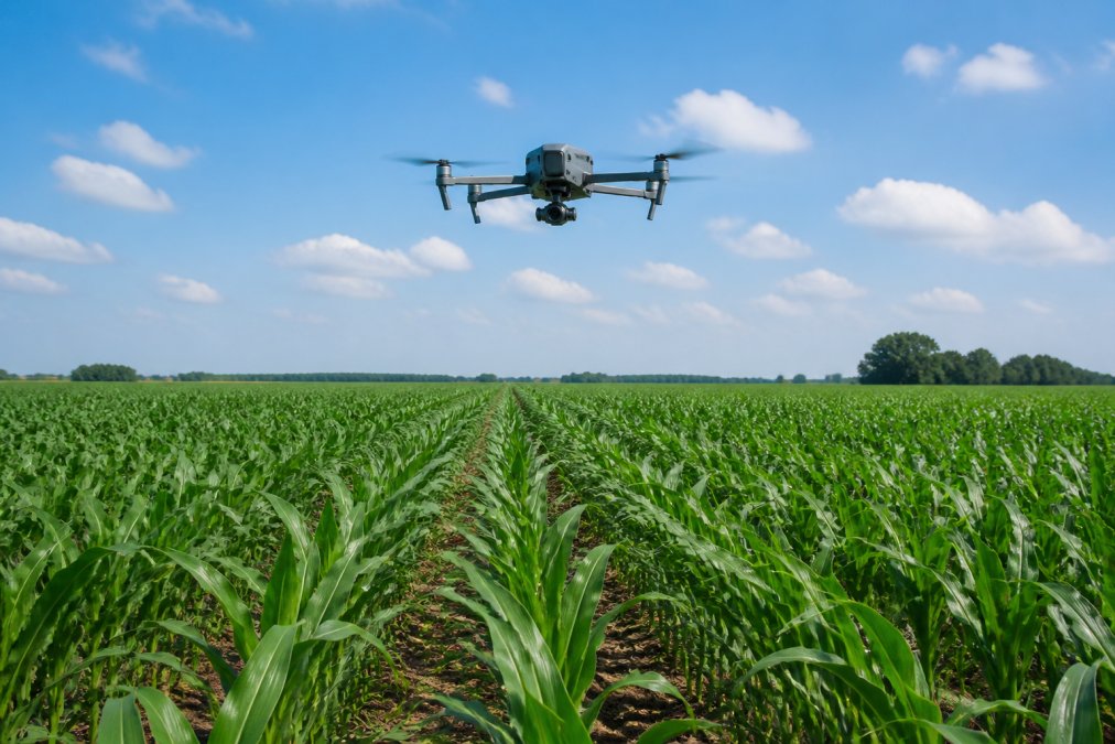 Drone hovering at low altitude above a green corn field with clearly visible crop rows stretching to the horizon under bright midday sunlight