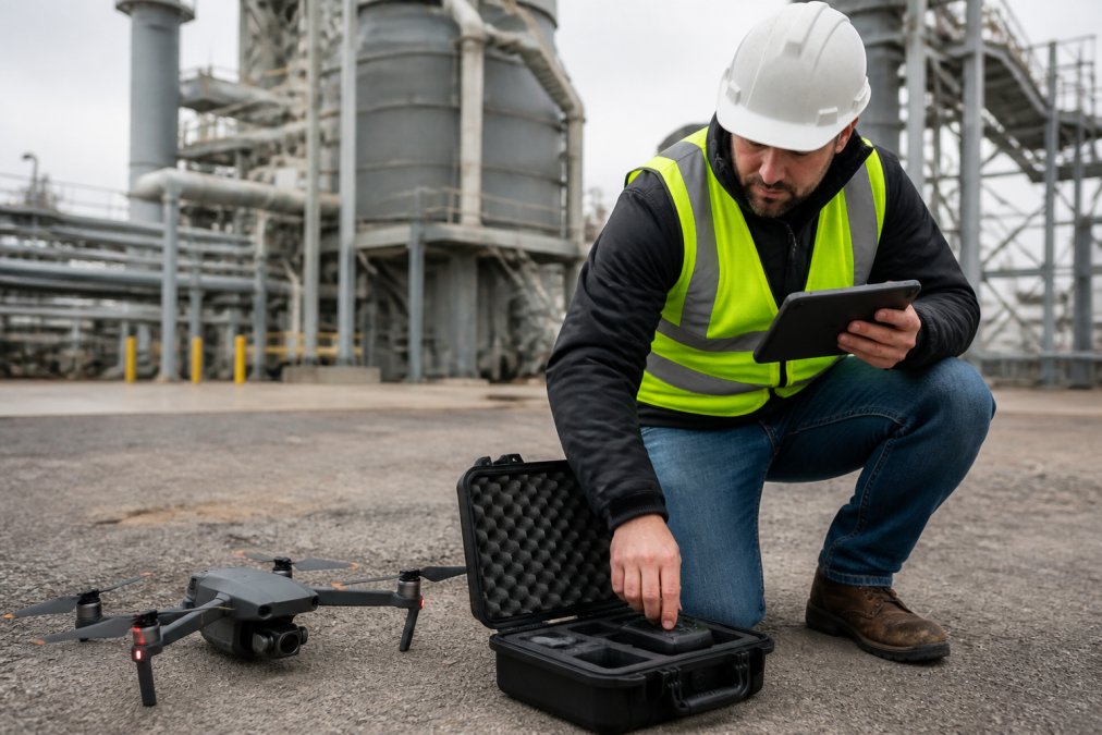 Certified drone pilot in safety vest preparing DJI Mavic drone on ground, checking flight path on tablet display before infrastructure inspection mission over industrial facility