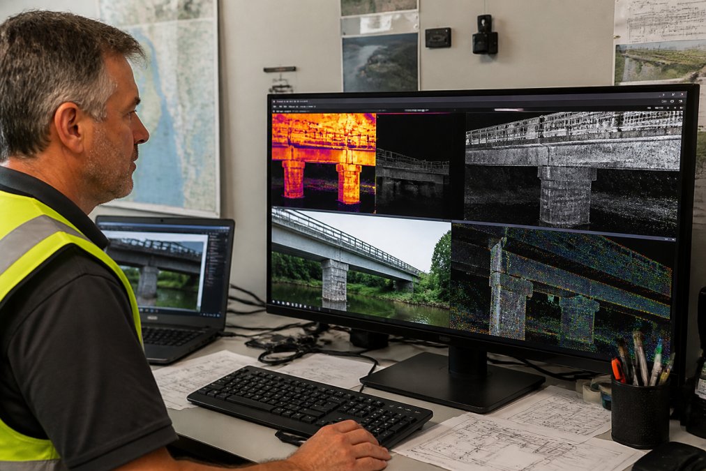 Infrastructure manager reviewing thermal imaging point cloud and 3D model data on desktop workstation, examining bridge structure analysis with multiple data layers visible on large monitor