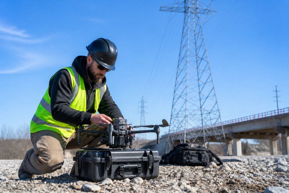 Certified drone pilot conducting pre-flight inspection of equipment mounted on a tripod near a transmission tower structure, checking sensor calibration and safety systems against overcast sky