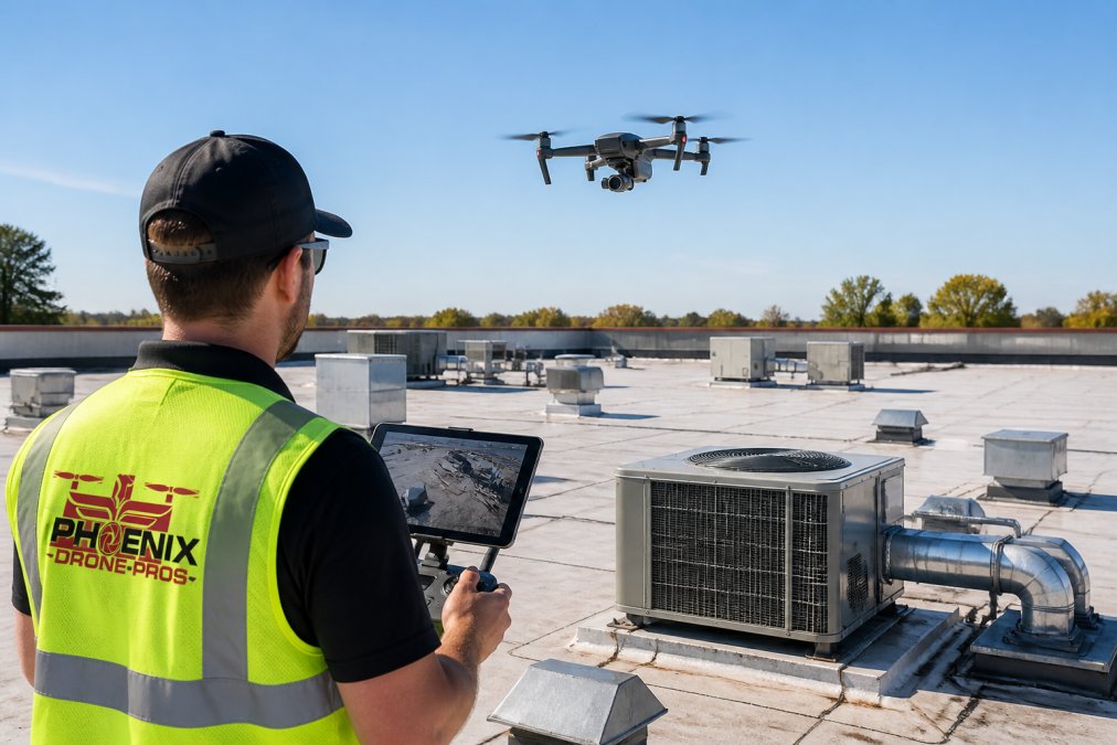 A certified drone pilot in a safety vest operating a controller on a commercial rooftop, with a drone hovering above flat HVAC units and a tablet displaying a live aerial feed
