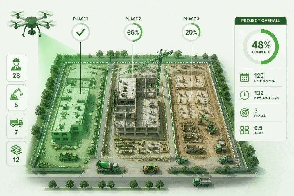Aerial view of an active construction site with multiple building phases, heavy equipment, and workers visible from drone perspective, showing clear project layout and progress across different zones