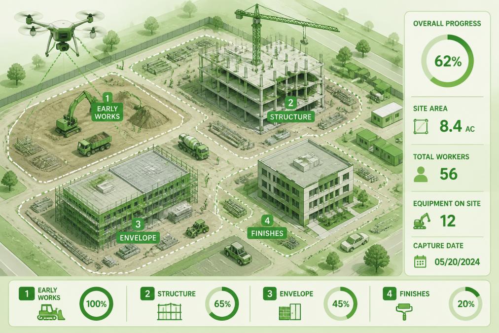 Professional illustration showing drone inspection construction
