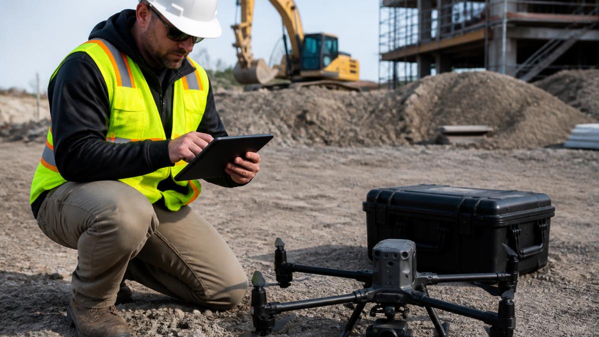 Professional drone pilot in high-visibility safety vest conducting preflight equipment check with tablet displaying flight plan near construction site with heavy equipment visible in background