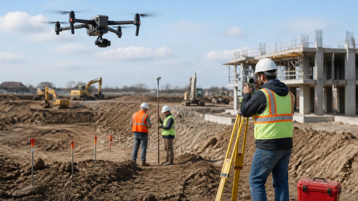Professional drone equipped with high-resolution camera hovering over active construction site with surveying crew members and ground control markers visible below