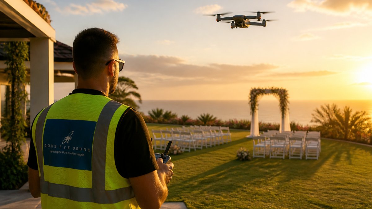 A drone pilot in a safety vest standing at the edge of an outdoor wedding venue lawn at golden hour, holding a controller with a small drone hovering above the ceremony arch in the background
