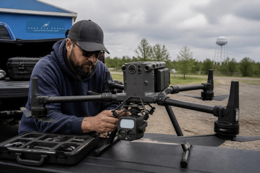 Professional drone pilot performing pre-flight equipment check with DJI Matrice 300 and thermal imaging camera on-site before commercial aerial inspection