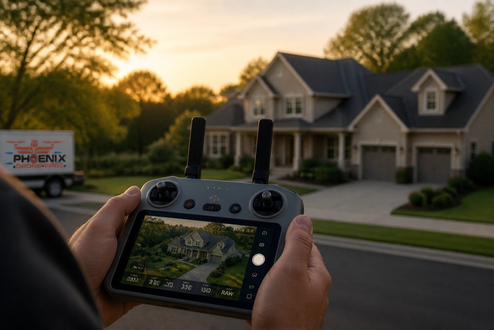 Close-up of a drone controller screen showing camera settings, with a suburban house visible in the background during golden hour