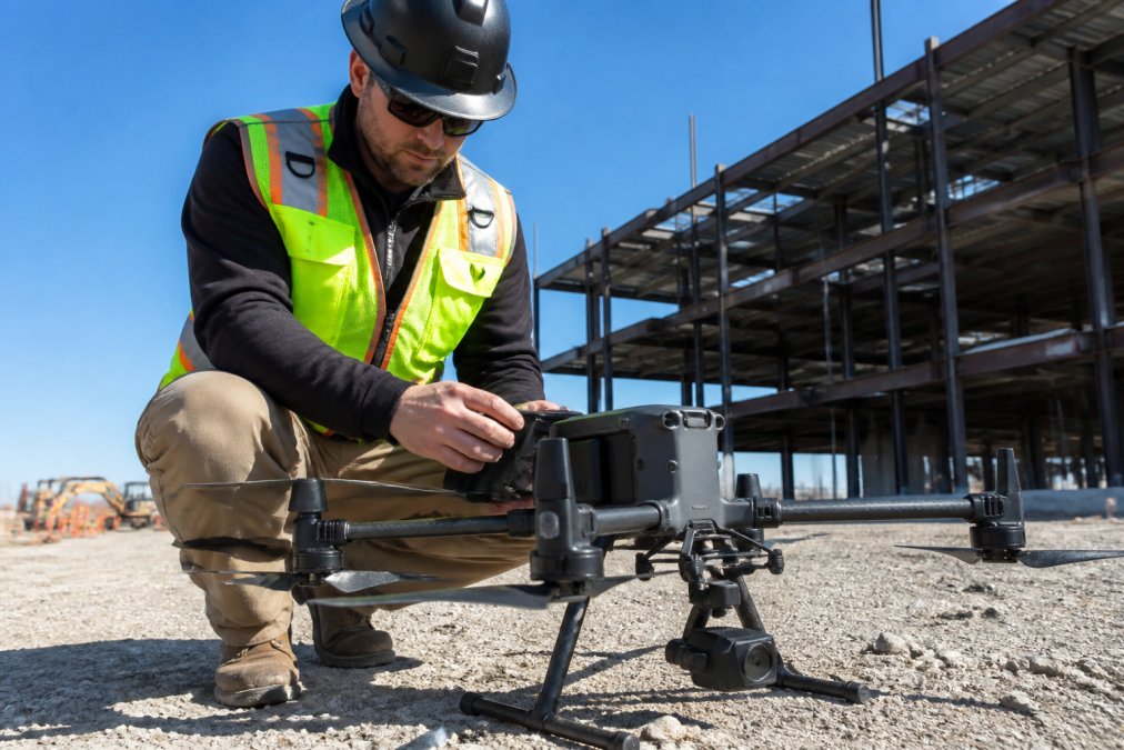 Professional drone pilot in safety vest conducting pre-flight inspection of commercial quadcopter on construction site with clear sky and building framework visible in background