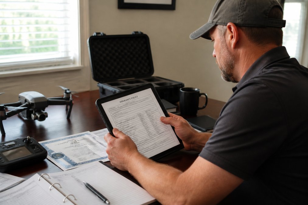 Drone pilot reviewing insurance policy documents and flight logs on tablet at desk with FAA certification materials and coffee cup nearby, natural office lighting