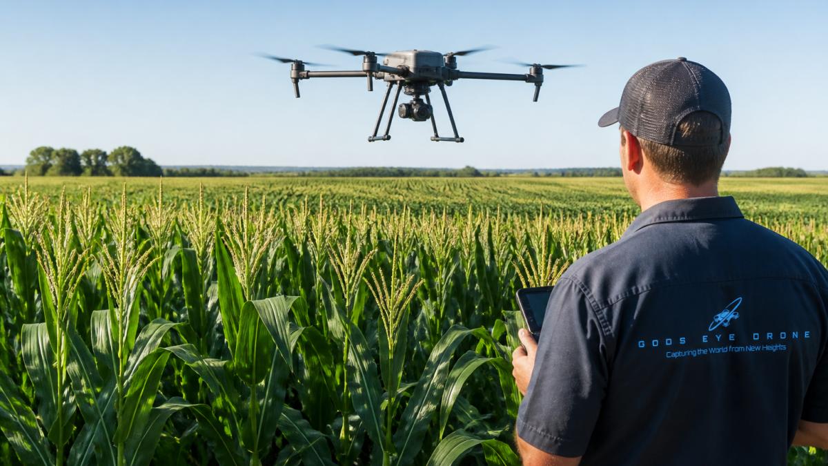 Aerial view of a corn field with a drone flying low over green crop rows, capturing detailed field data during bright daylight with the drone's camera system clearly visible