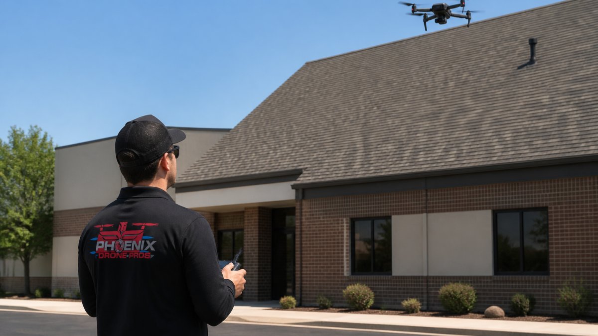 Certified pilot operating a drone roof inspection over a commercial building