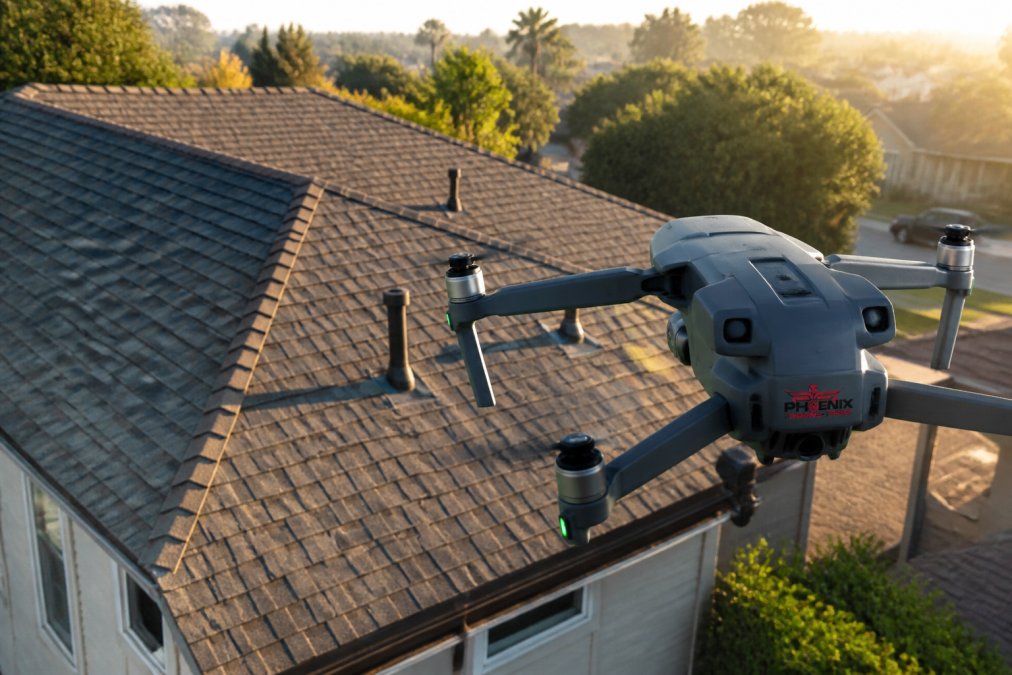 Drone hovering above a residential roof with clearly visible asphalt shingles, capturing an aerial survey perspective of the property from directly above, with morning sunlight highlighting roof texture and color variations