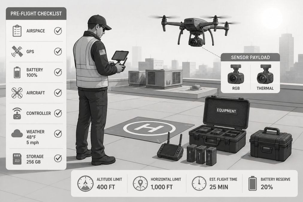 Certified drone pilot conducting pre-flight checklist on commercial rooftop with quadcopter hovering nearby, showing sensor payload and equipment staging area in morning sunlight