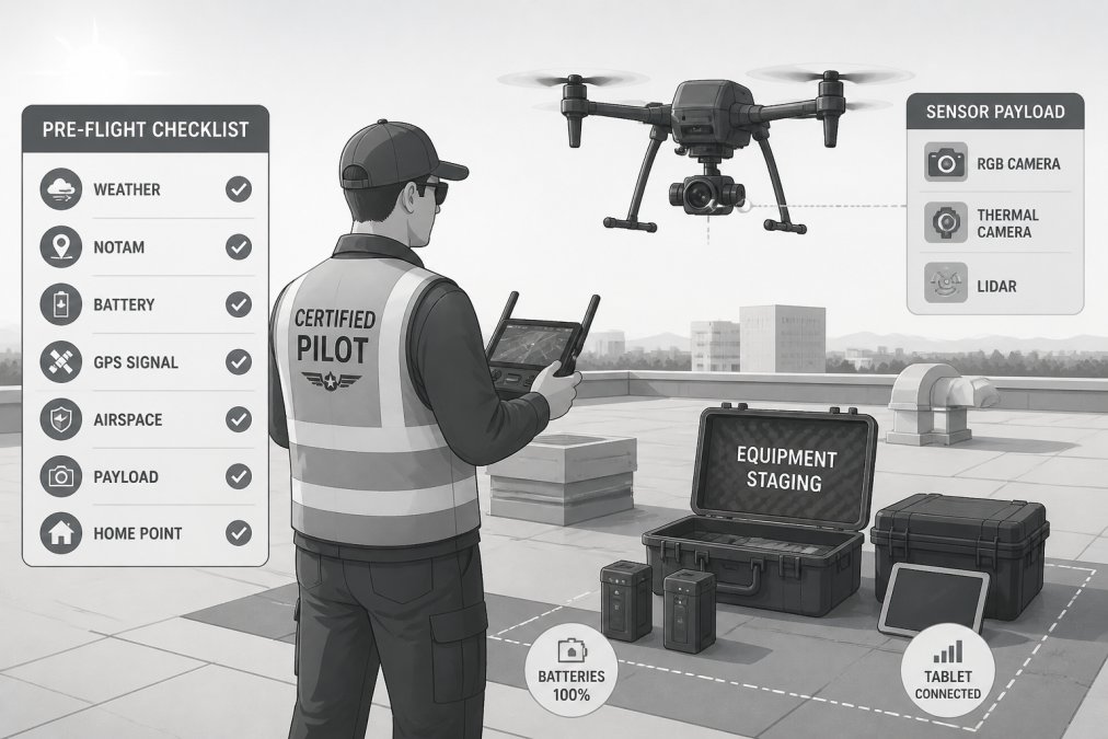 Professional illustration showing drone roof inspection