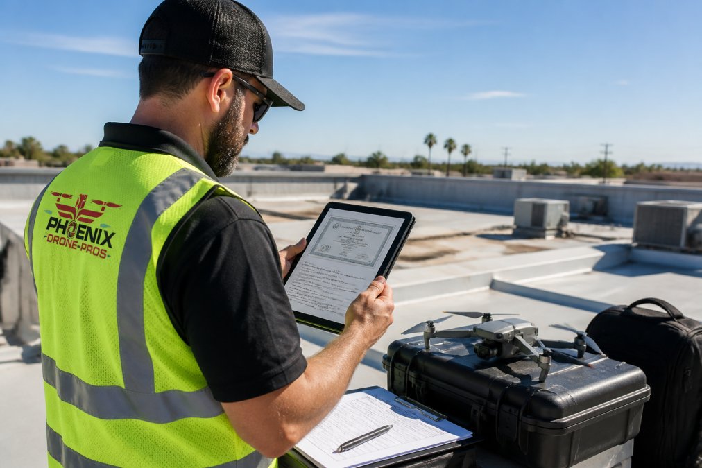 Property manager reviewing insurance documentation and FAA certification papers on a tablet while standing on a commercial building rooftop with clear skies
