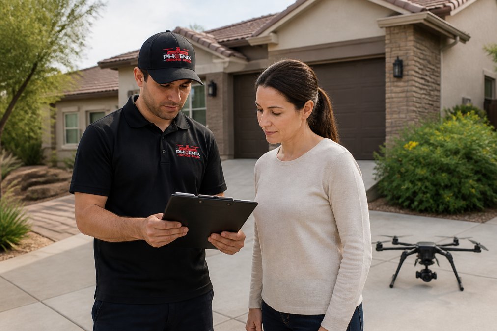 Homeowner and professional drone pilot reviewing a liability waiver document before beginning a roof inspection at a residential property, standing in the driveway with the house visible
