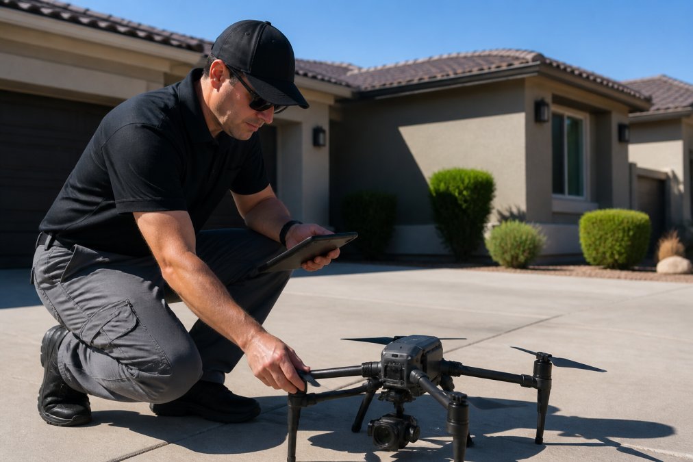 FAA-certified drone pilot crouching beside a commercial quadcopter on a residential driveway, performing a pre-flight hardware check with a tablet displaying a digital checklist in bright morning sunlight