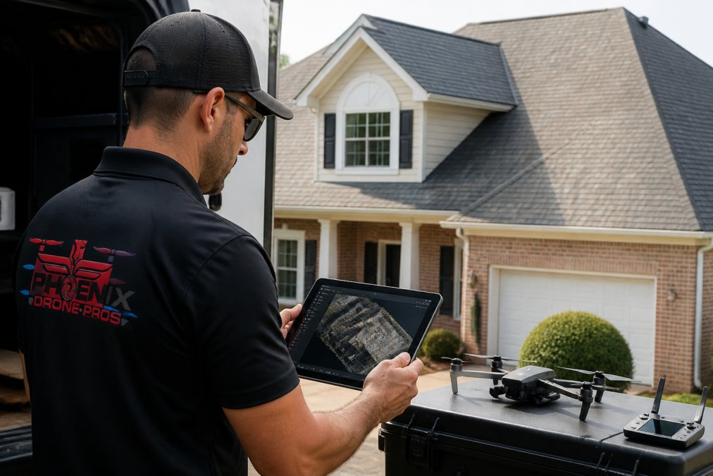Drone operator reviewing a tablet displaying a 3D roof model and point cloud data in the field, with a residential roof visible in the background