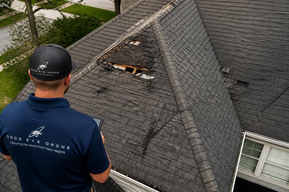 Aerial perspective of residential roof showing visible shingle damage, missing sections, and storm impact patterns captured from drone vantage point with clear details of roof valleys and gutters