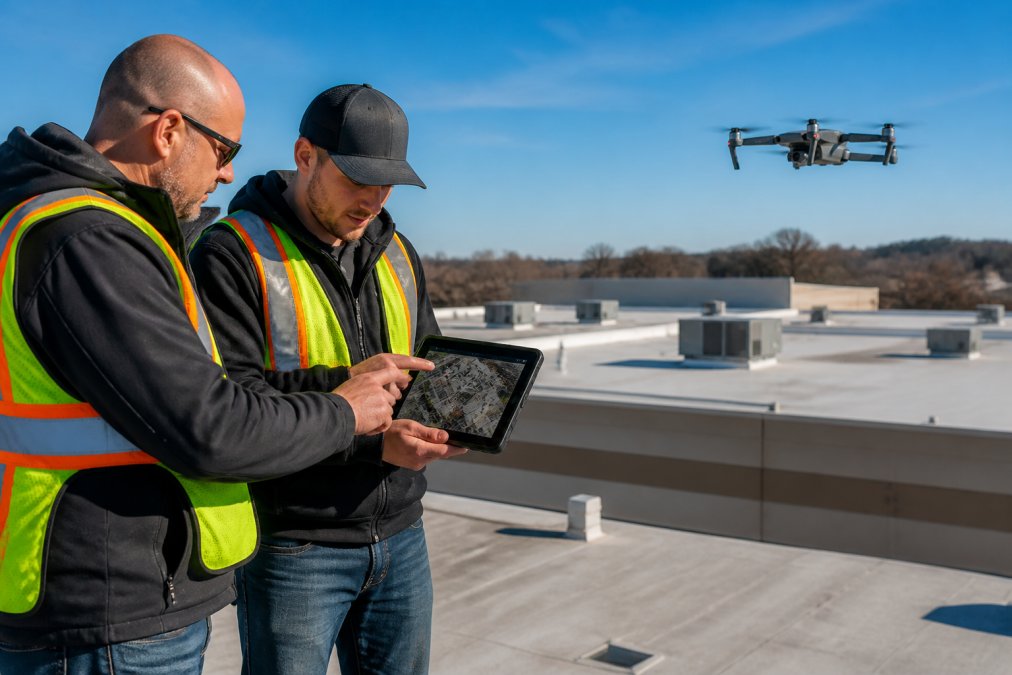 Property manager and pilot reviewing data during drone roof inspections on a commercial building rooftop