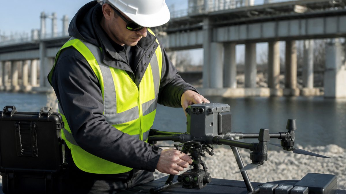 Professional remote pilot conducting pre-flight inspection of drone equipment near industrial infrastructure site, checking sensors and payload on equipment table in daylight
