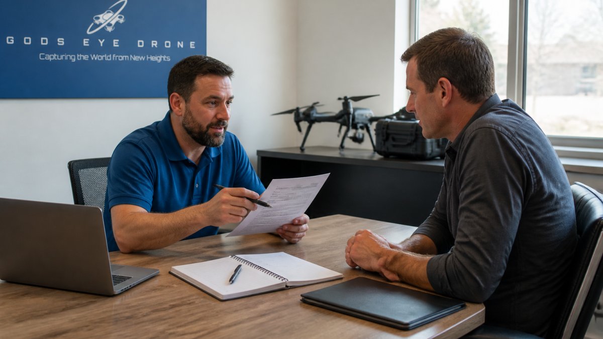 Drone pilot and developer reviewing a drone service contract during a business negotiation meeting in an office